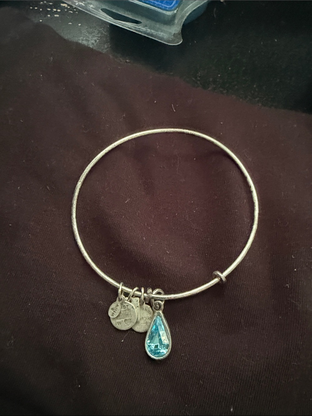 Alex and Ani Silver Bangle Bracelet with Blue Teardrop Charm